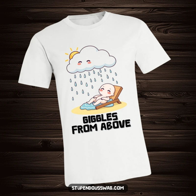 Funny T-Shirt: A happy cloud raining small, giggling raindrops onto a relaxed sunbather below.