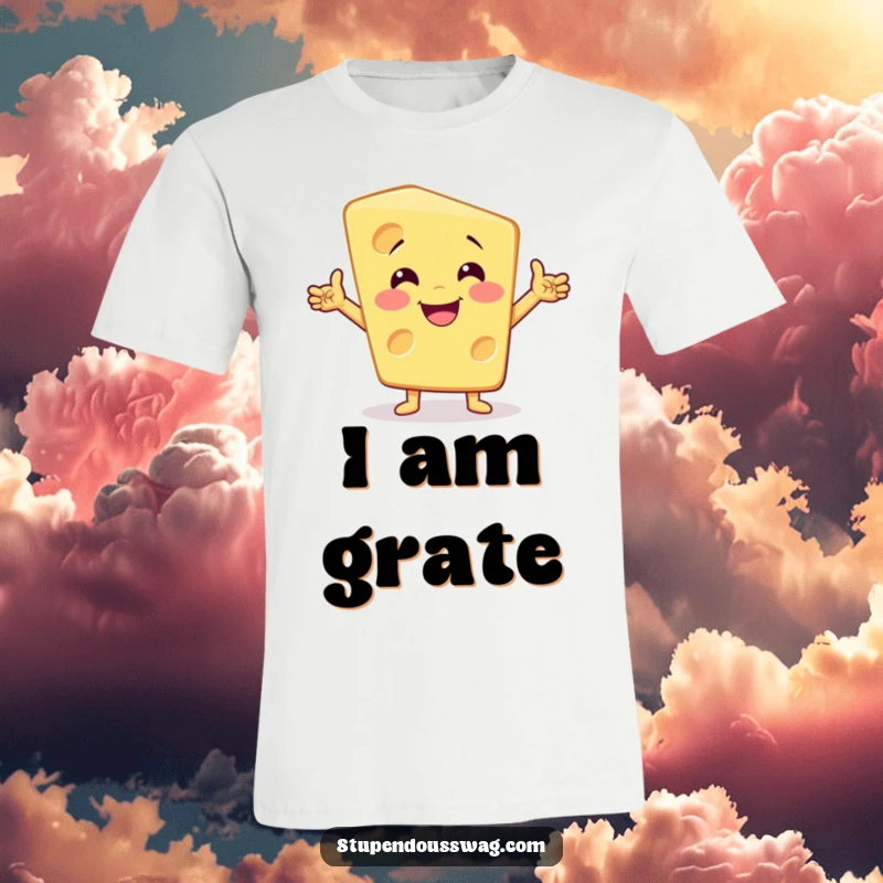 Funny cheese t-shirt depicting a smiling cheese wedge performing a dramatic, show-stopping pose with theatrical flair.