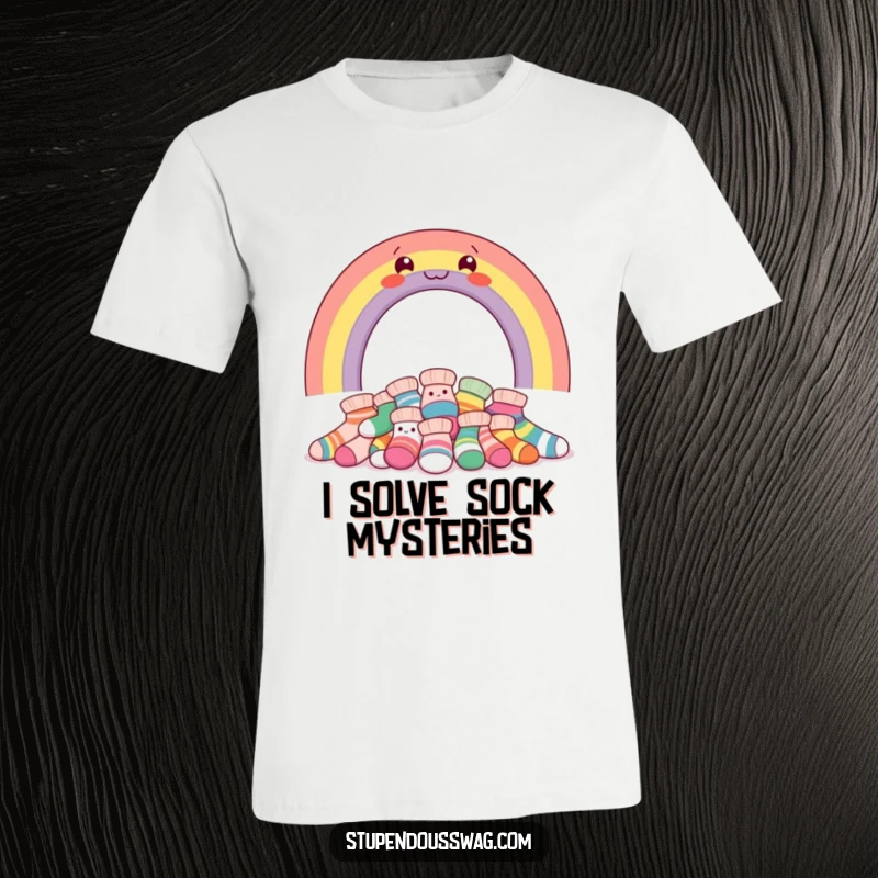 Funny t-shirt showcasing a smiling rainbow above a pile of giggling, bright socks, perfect for laundry enthusiasts.