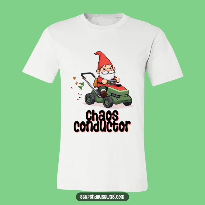 Funny Gnome Lawn Mower T-Shirt: Hilarious Garden Chaos Apparel, Perfect Gift
