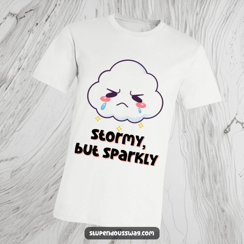 Funny grumpy cloud t-shirt with sparkling rainbow tears, a quirky and humorous apparel gift for a unique style.