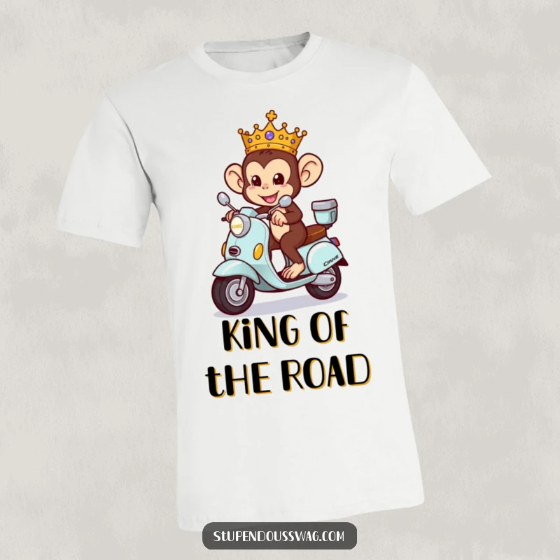 Funny Monkey King T-Shirt depicting a mischievous monkey wearing a crown, joyfully riding a tiny ornate scooter.