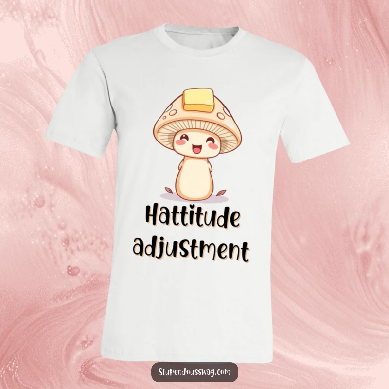 Funny mushroom t-shirt featuring a delighted mushroom wearing a tiny hat made of a butter pat. Whimsical and charming nature graphic tee.