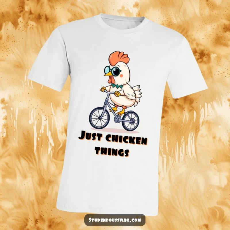Funny rubber chicken with a monocle, riding a unicycle while holding a banana, a hilarious t-shirt.