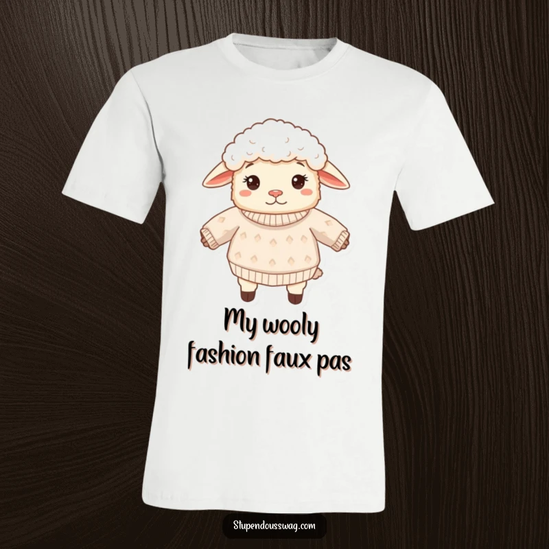 Funny sheep t-shirt with a confused fluffy sheep modeling its sweater worn inside out. A humorous and relatable graphic tee for animal lovers.
