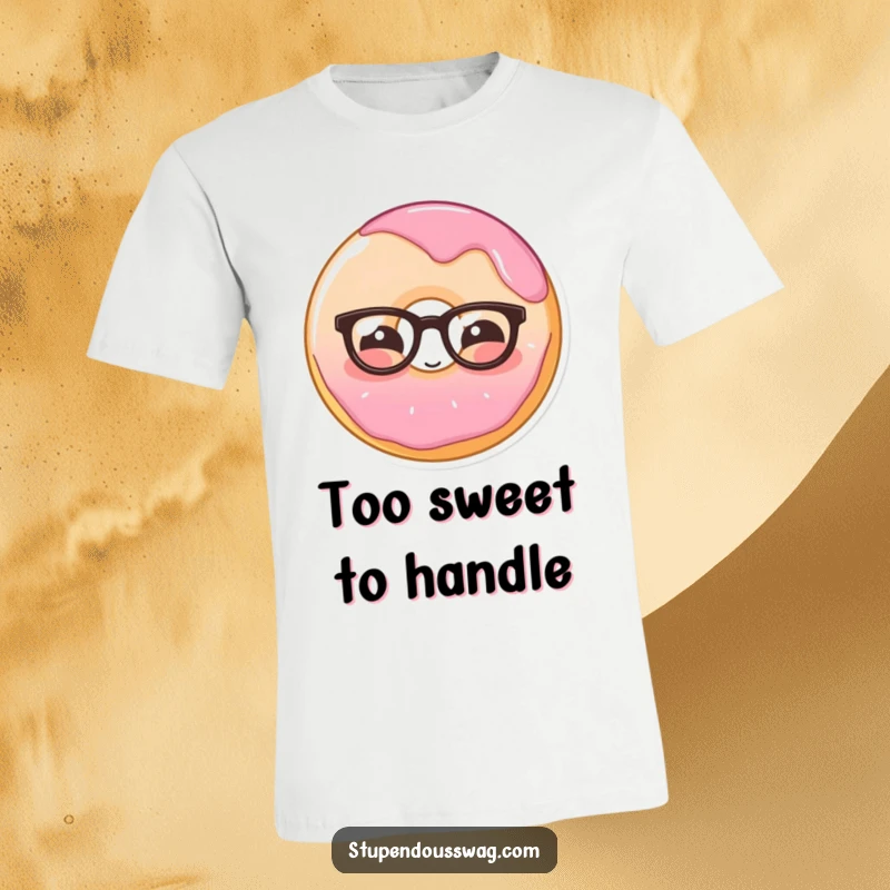 Funny t-shirt print of a shy donut wearing glasses, blushing deeply, capturing a moment of sweet, delightful embarrassment.