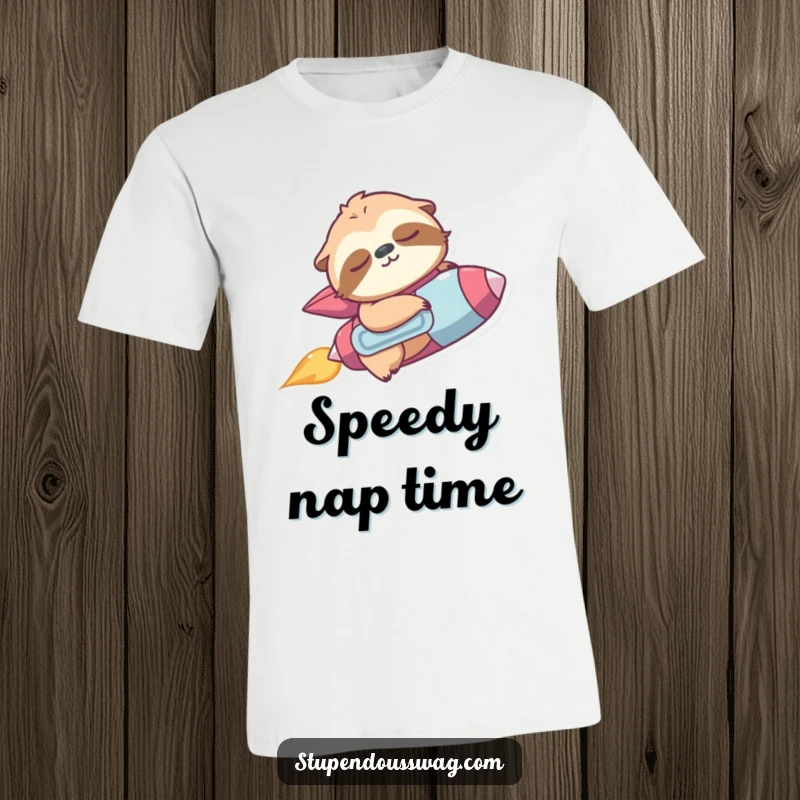 Funny t-shirt featuring a sleepy sloth wearing a jetpack, accidentally zooming upwards at high speed.