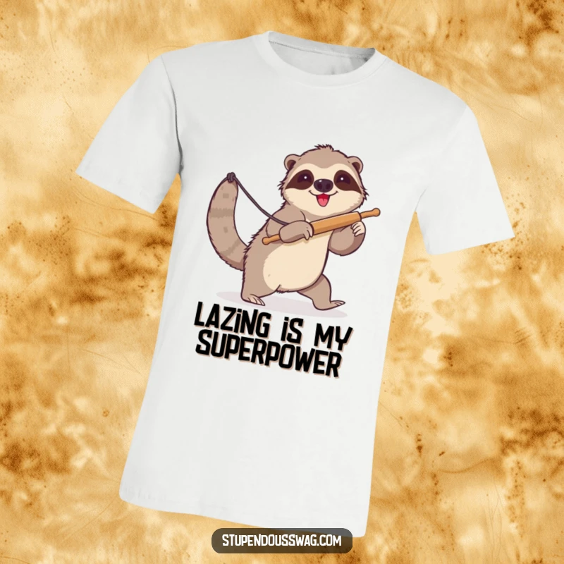 Funny sloth t-shirt featuring a clumsy sloth attempting to lasso a runaway rolling pin. Humorous animal graphic tee for those who move at their own pace.