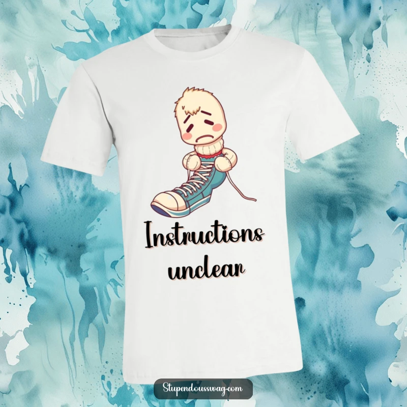 Funny t-shirt print of a confused sock puppet hilariously attempting to tie its own shoelaces, capturing a moment of tangled effort.