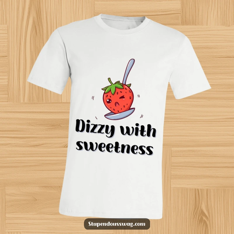 Funny T-shirt depicting a bewildered strawberry spinning wildly on an inverted spoon, symbolizing a fun and chaotic fruit adventure.