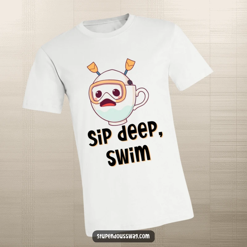 Funny T-shirt with a startled teacup character wearing a diving mask and fins, humorously preparing to dive into unknown waters.