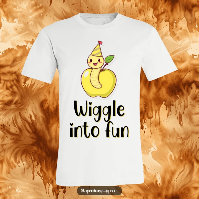 Funny t-shirt print of a happy worm in a party hat emerging triumphantly from an apple, embodying festive cheer.