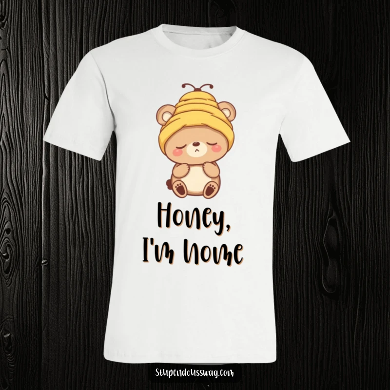 Funny t-shirt featuring a sleepy bear character hilariously wearing a beehive as a hat, exuding pure exhaustion.