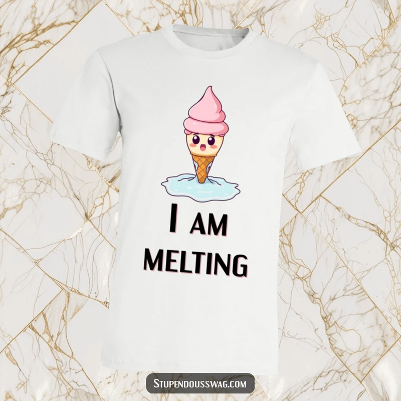 Funny t-shirt featuring a surprised ice cream cone melting dramatically, forming a puddle of deliciousness.