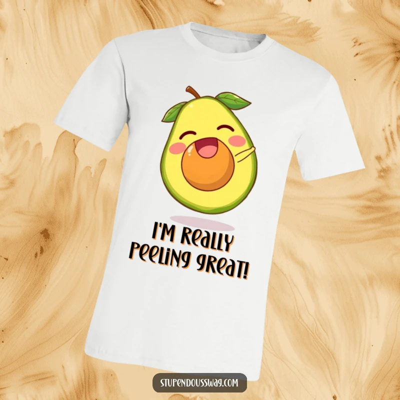 Funny avocado t-shirt featuring a laughing avocado pit escaping its fruit and doing a tiny somersault. Humorous and playful food graphic tee.