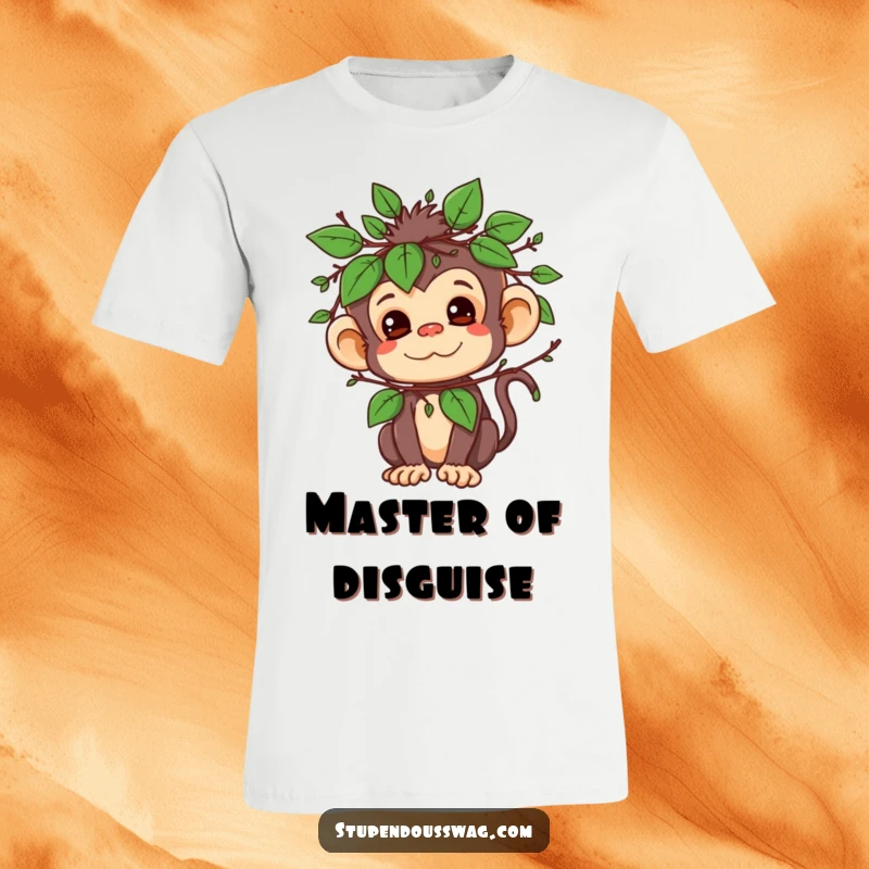 Funny t-shirt displaying a mischievous monkey wearing an elaborate disguise made of leaves and twigs, ready to play.