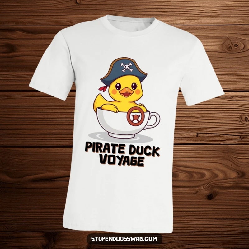 Funny t-shirt depicting a rubber duck in a pirate hat steering a teacup, showcasing a comical and imaginative nautical scene.
