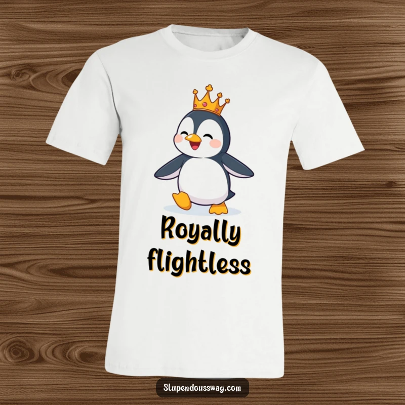 Funny t-shirt featuring a penguin in a tiny crown, comically flapping its wings in a failed attempt at flight.