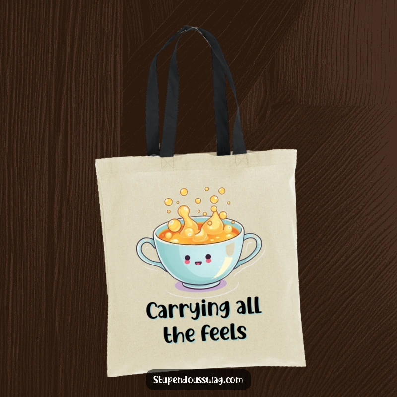Funny Tote Bag: A tiny teacup overflowing with enthusiastic, bubbly liquid, symbolizing abundant joy.