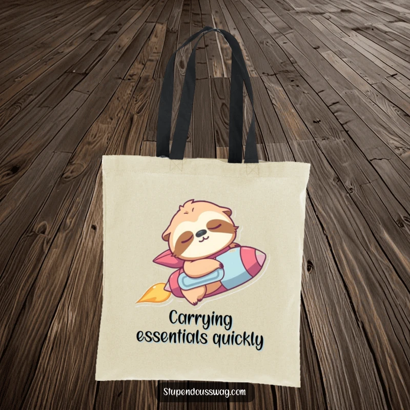 Funny tote bag showing a sleepy sloth wearing a jetpack, accidentally zooming upwards with a surprised look.
