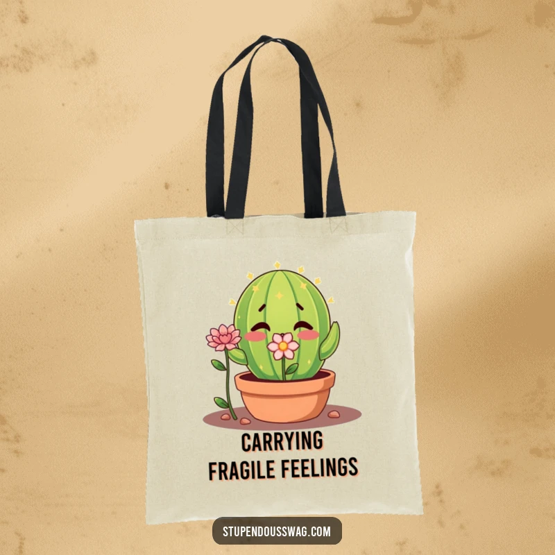 Funny shy cactus tote bag with a nervous plant offering a flower, a humorous and practical accessory.