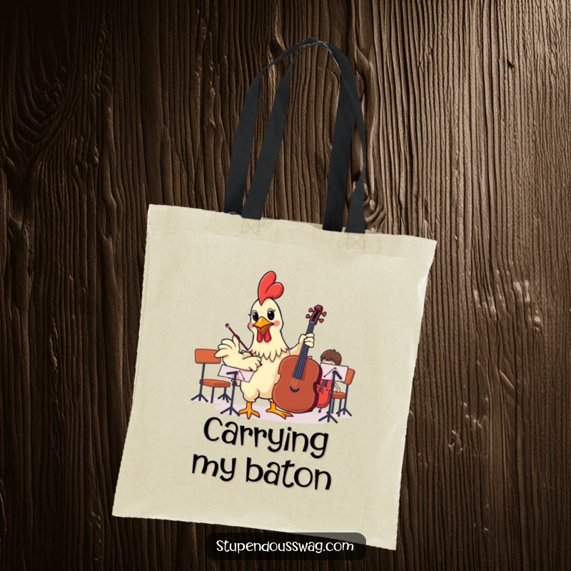 Funny tote bag with a rubber chicken attempting to conduct an orchestra, perfect for carrying items with a musical and humorous touch.
