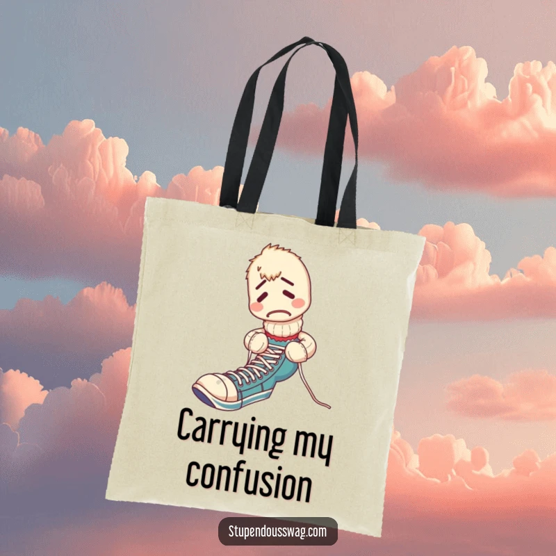 Funny tote bag illustrating a confused sock puppet in a tangle of shoelaces, perfect for carrying essentials with a humorous touch.