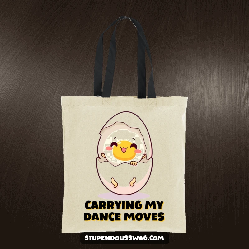 Funny tote bag with a startled egg hatching to reveal tiny, joyful dancing legs, perfect for grocery humor.