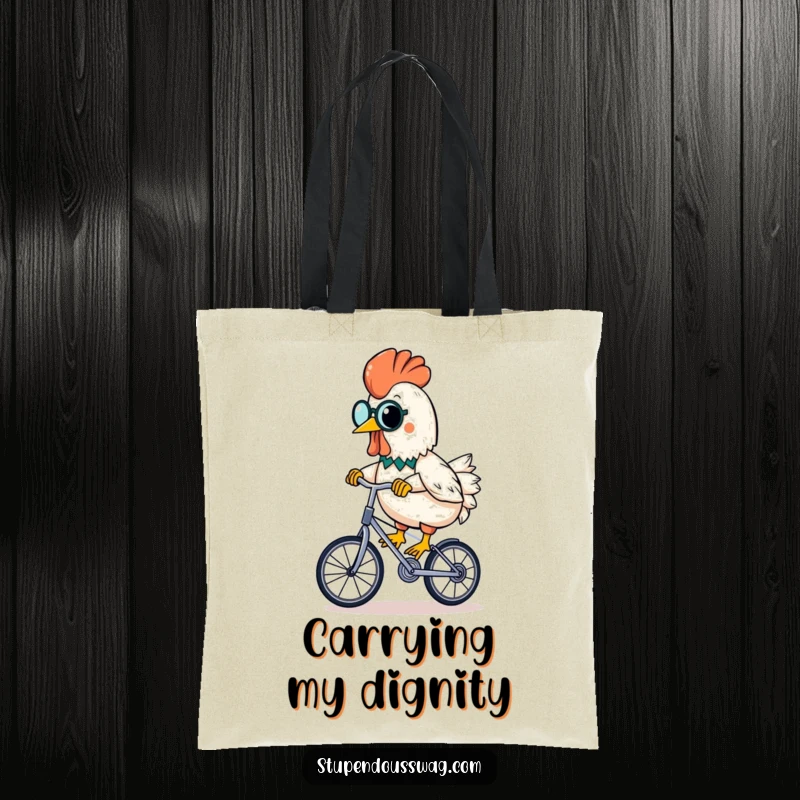 Funny rubber chicken with monocle on a unicycle with banana, featured on a stylish and funny tote bag.