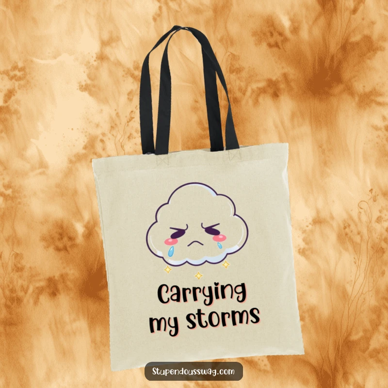 Funny grumpy cloud tote bag with sparkling rainbow tears, a humorous and practical accessory for everyday use.