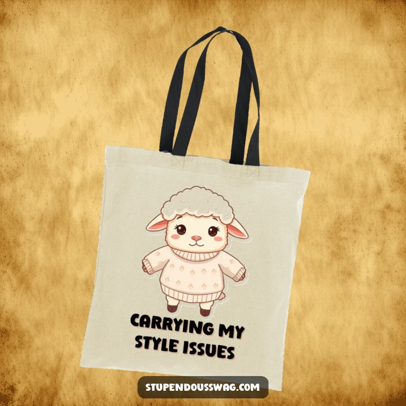 Funny sheep tote bag showcasing a confused fluffy sheep sporting its sweater inside out. A practical and humorous accessory for everyday use.