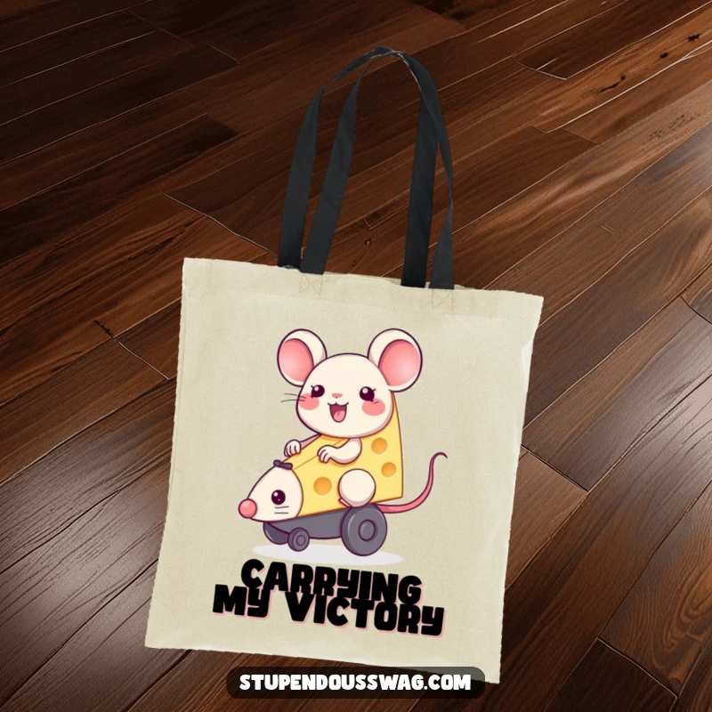 A happy piece of cheese riding a squeaky toy mouse, featured on a stylish and functional tote bag.