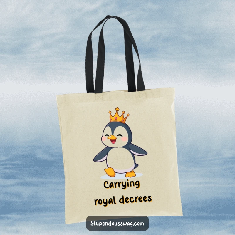 Funny tote bag showing a penguin in a tiny crown, comically attempting to fly, symbolizing dreams.