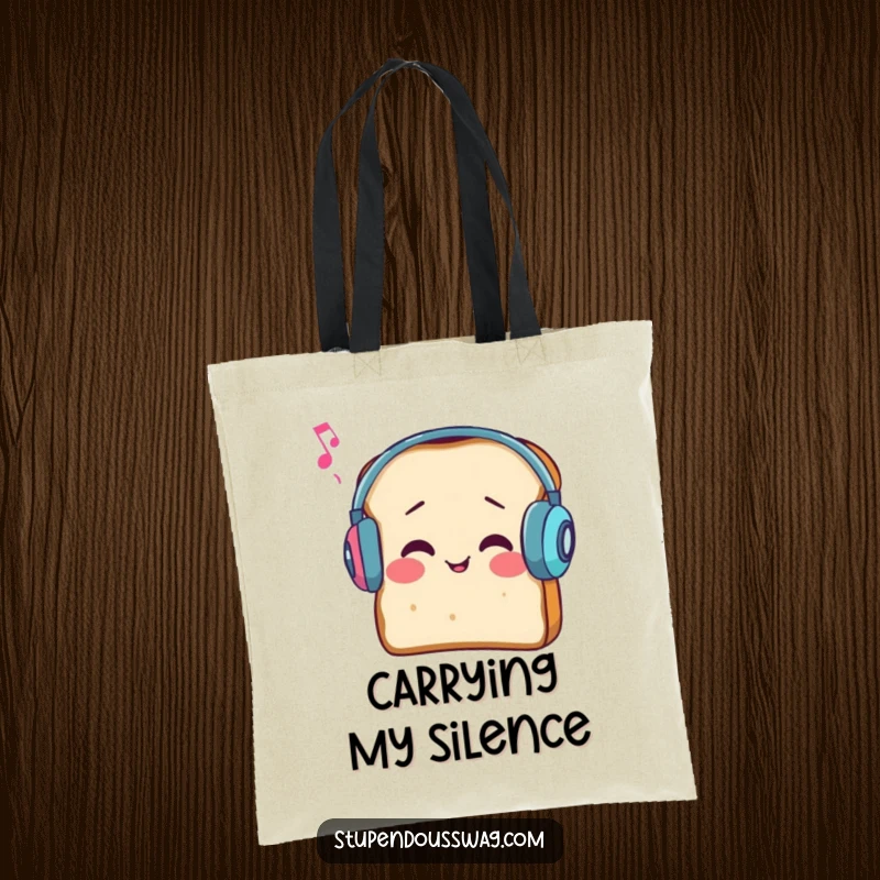 Funny tote bag showing a slice of bread wearing large earmuffs, comically struggling to hear music.