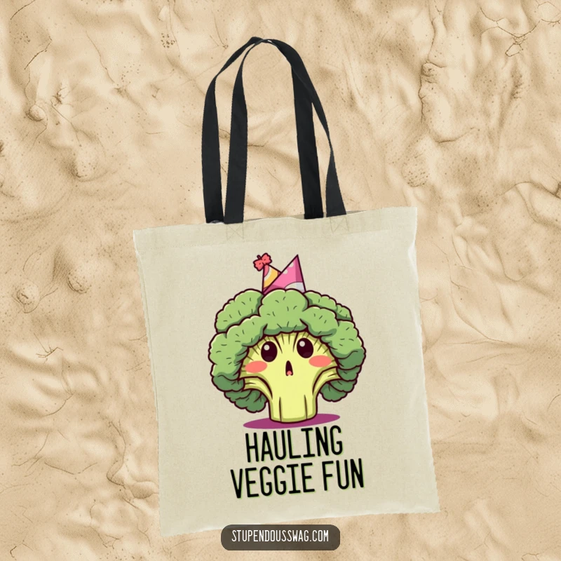 Funny tote bag with a surprised broccoli head wearing a party hat, perfect for carrying essentials with a humorous twist.