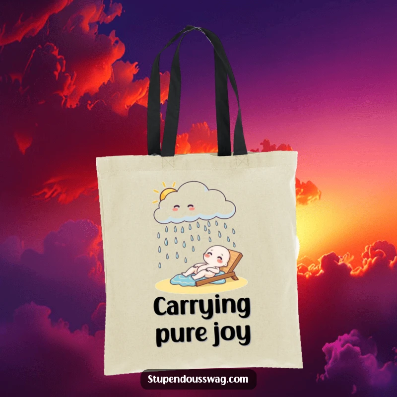 Funny Tote Bag: A playful cloud raining giggling raindrops onto a sunbather, a humorous and cheerful design.