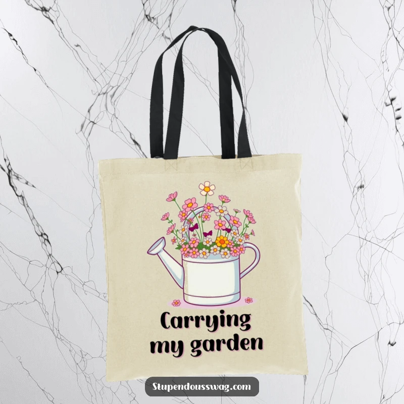Funny tote bag with a giggling watering can spilling an abundance of tiny flowers, perfect for carrying joy and essentials.