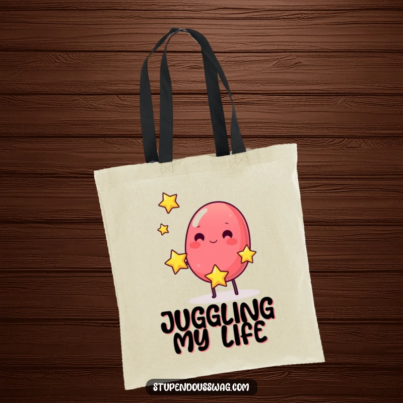 Funny tote bag featuring a wobbly jelly bean juggling miniature bouncing stars, perfect for carrying daily treasures.
