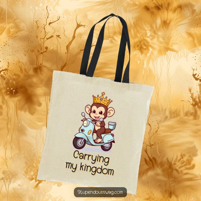 Funny Monkey King Tote Bag showing a mischievous monkey wearing a crown, riding a tiny ornate scooter with flair.