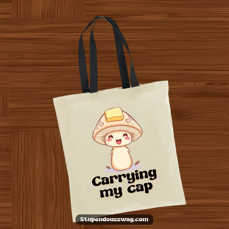 Funny mushroom tote bag showing a delighted mushroom wearing a tiny hat made of a butter pat. Whimsical and practical accessory for daily use.
