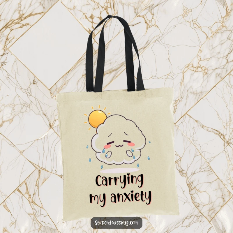 Funny tote bag with a nervous, profusely sweating cloud illustration on a sunny day, highlighting humorous anxiety and practical use.