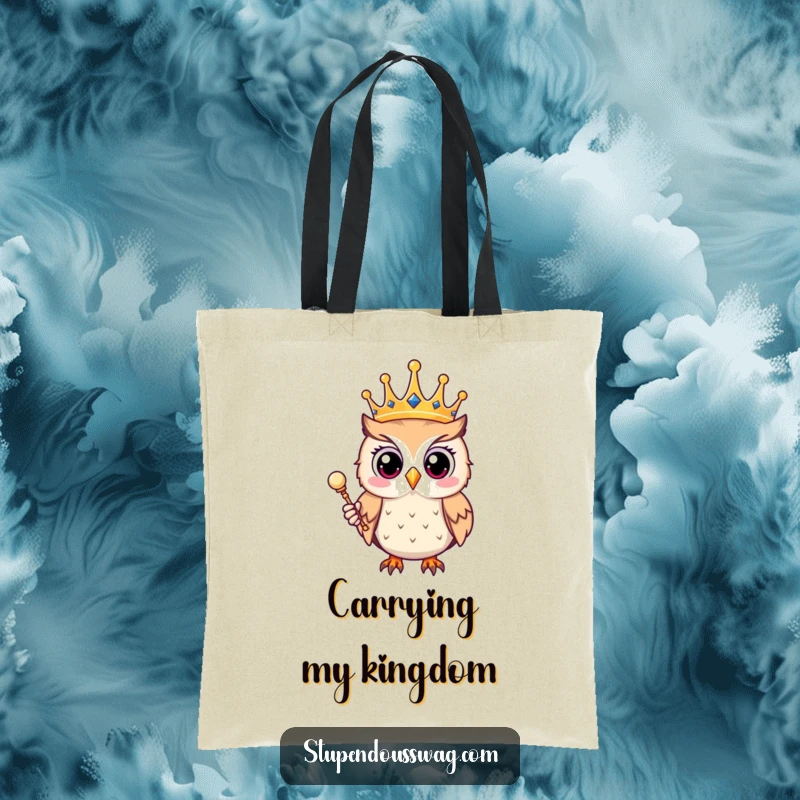 Funny tote bag with a surprised owl wearing a crown and holding a scepter, perfect for carrying items with a regal and humorous touch.