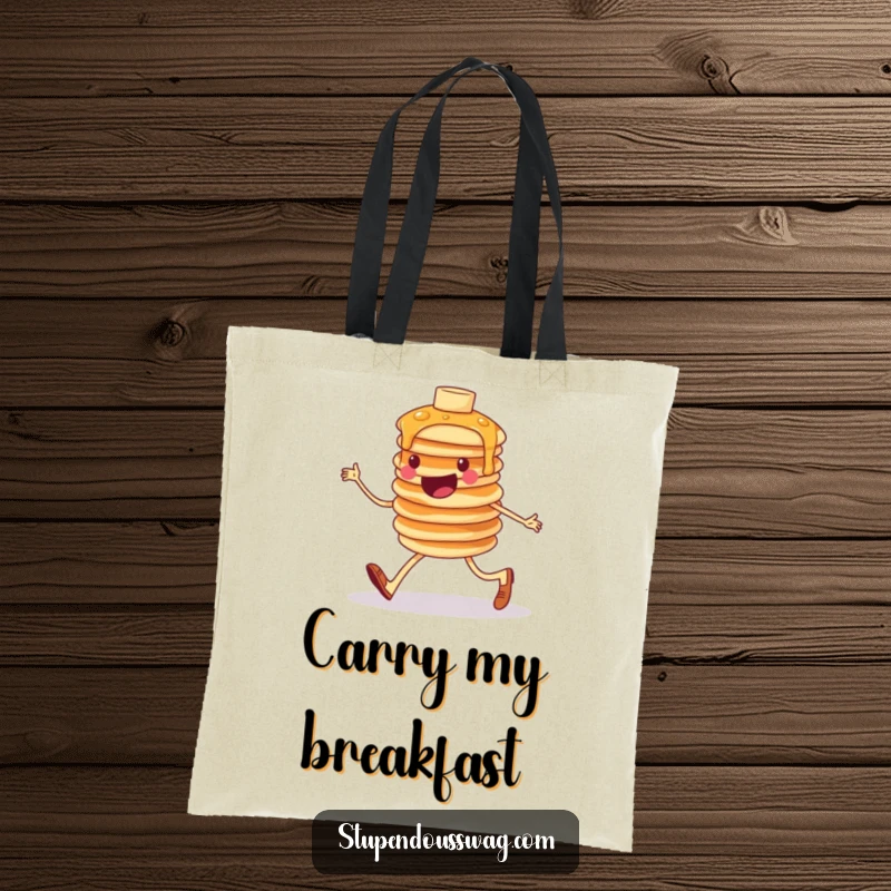 Funny tote bag with a cheerful, wobbly stack of pancakes humorously marching, perfect for carrying groceries or everyday items with a playful touch.