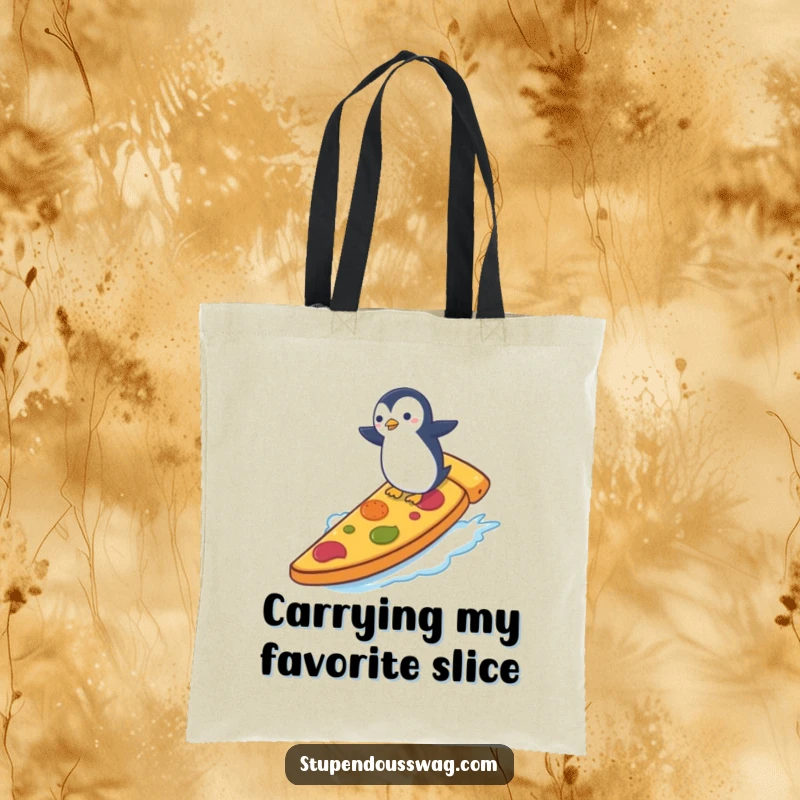 Funny tote bag with a tiny penguin surfing a giant pizza slice, perfect for carrying groceries or gear with a humorous, adventurous flair.