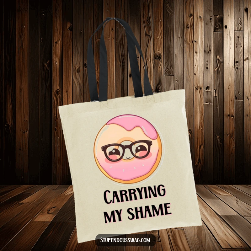 Funny tote bag illustrating a shy donut wearing glasses, blushing gently, ideal for carrying everyday items with modest charm.