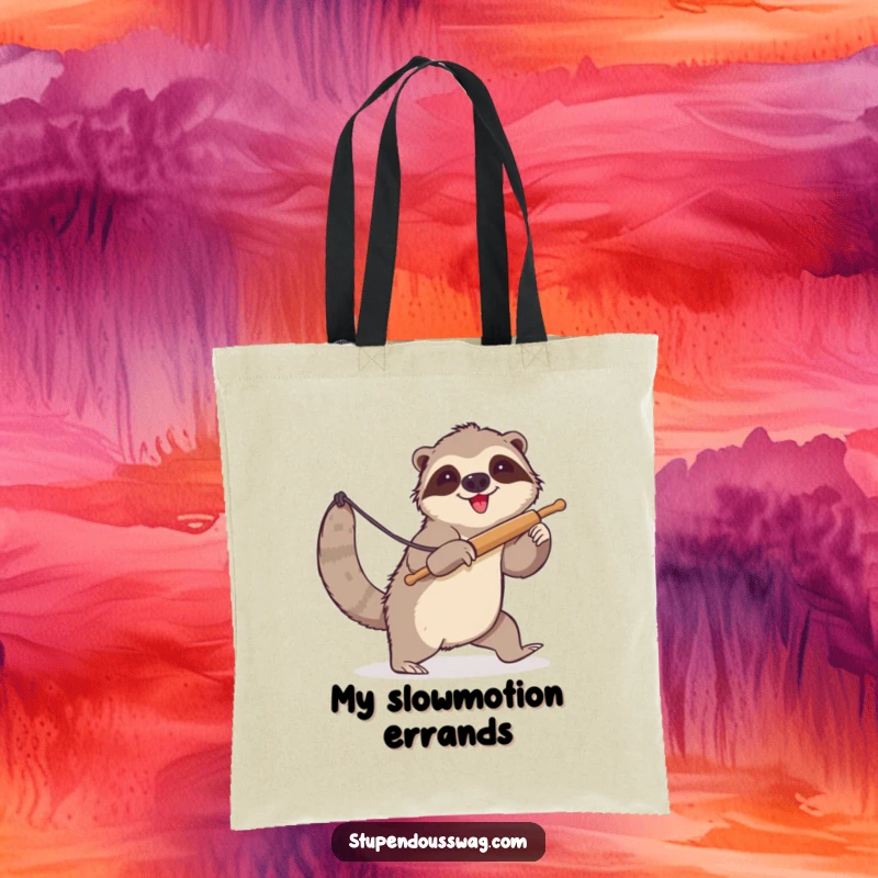 Funny sloth tote bag showing a clumsy sloth attempting to lasso a runaway rolling pin. Humorous and practical accessory for daily use.