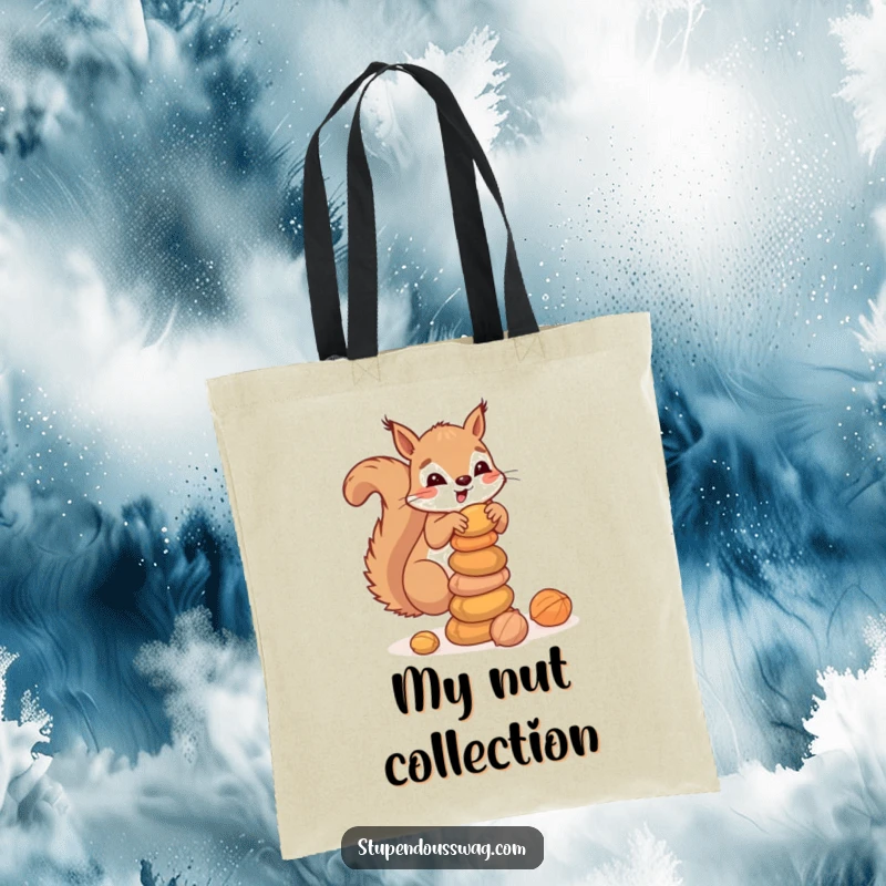 Funny tote bag featuring a clumsy squirrel balancing a stack of nuts, ideal for carrying items with a touch of adorable, humorous woodland flair.