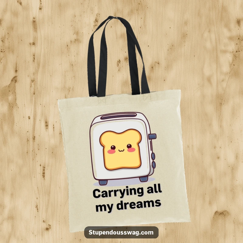 Funny tote bag with a smiling bread slice stuck halfway out of a toaster, ideal for carrying groceries with a humorous touch.