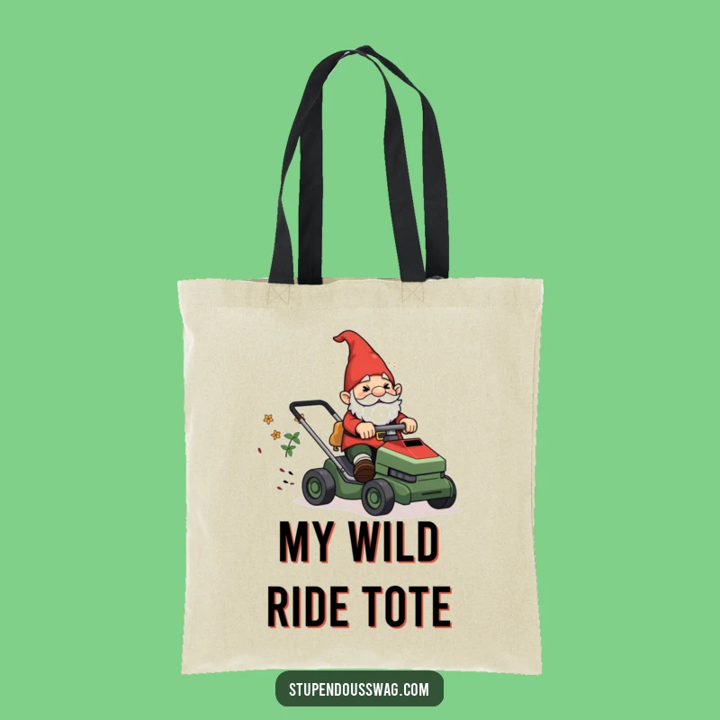 Funny Gnome Lawn Mower Tote Bag: Carry Garden Mischief, Unique Gift